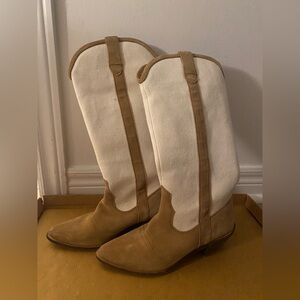Canvas & Suede Two-Tone Cowboy Boots - Tan and Cream